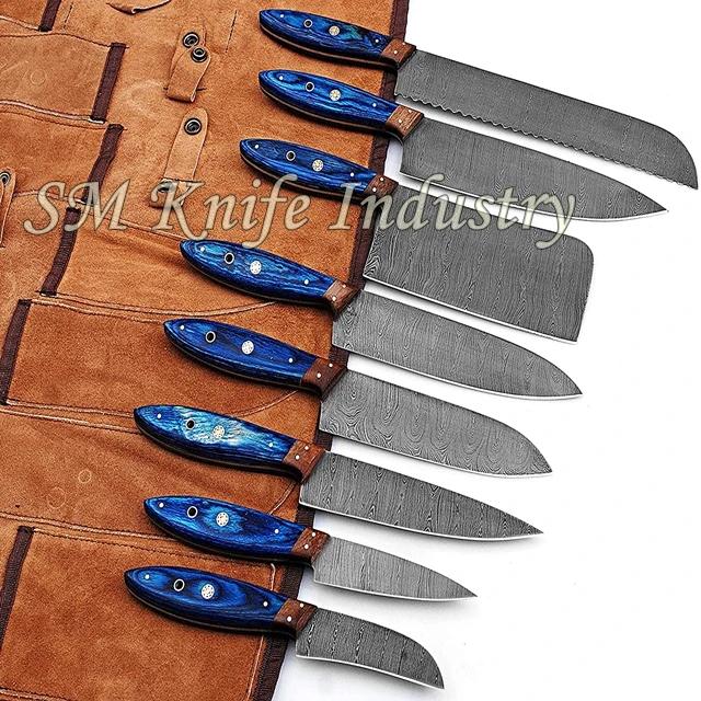 Chef Knives Set with Leather Kit Round Handle Damascus 8 Pieces DAMASCUS Steel Kitchen Cutting Foods Chopping Meat