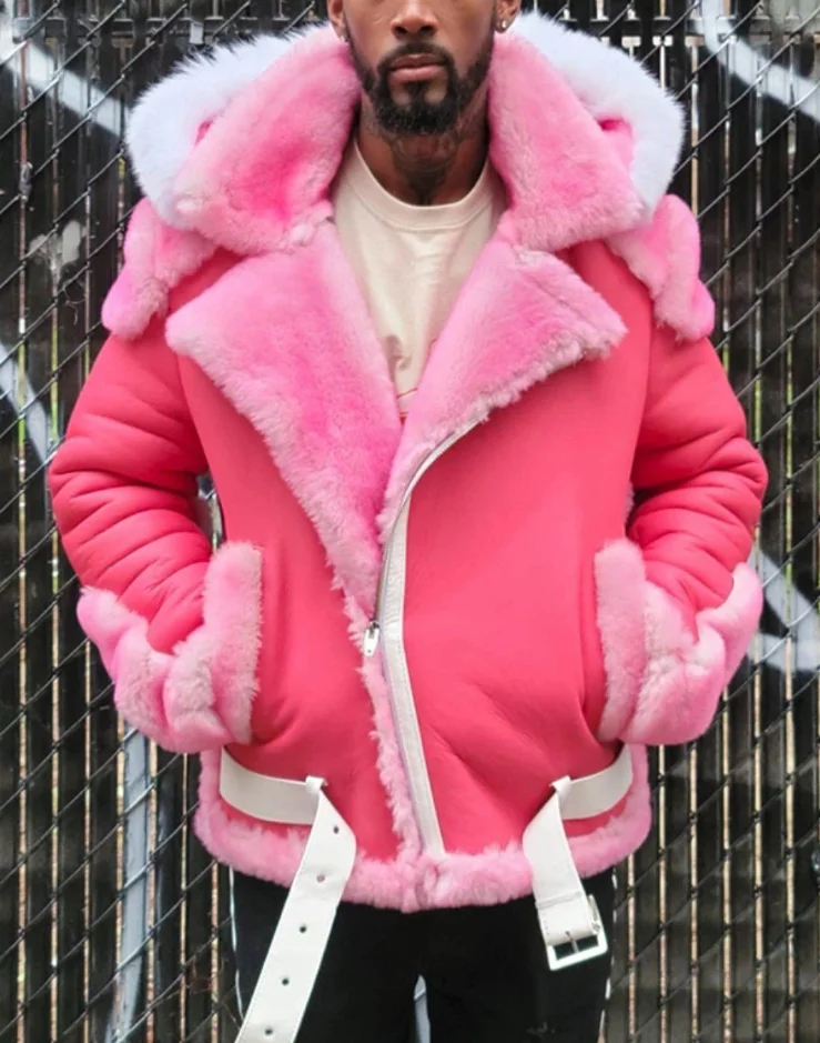 NEW Best Winter Brown Faux Suede Leather Jacket For Men Fur Collar Man Vintage Thick Shearling Leather Bomber Jacket Lining Mens