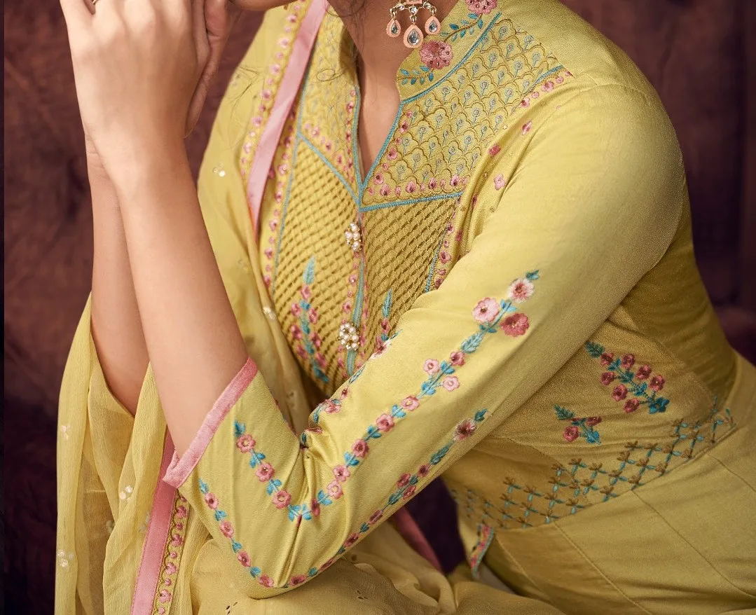 Stitched Silk Embroidered Anarkali Suit Set Traditional Woven Thread Work Handmade Handcrafted Parties Festivals Functions