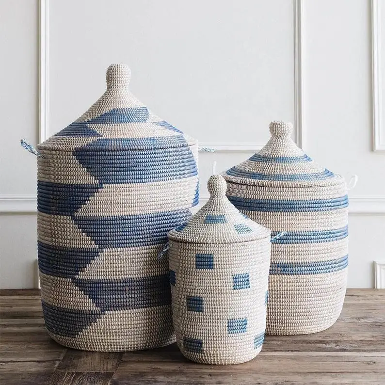 Оптовая продажа от вьетнамского производителя светло-голубой набор из 3 корзин для хранения африканских морских водорослей корзина белья индивидуальный дизайн