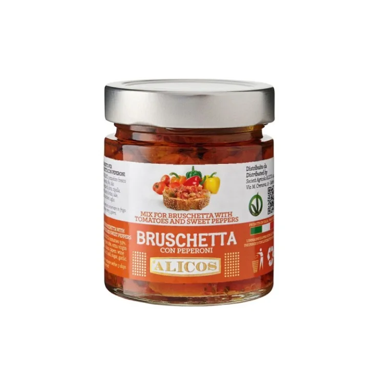 Made in Italy ready to eat jar mix for bruschetta with fresh tomato and sweet peppers for condiment