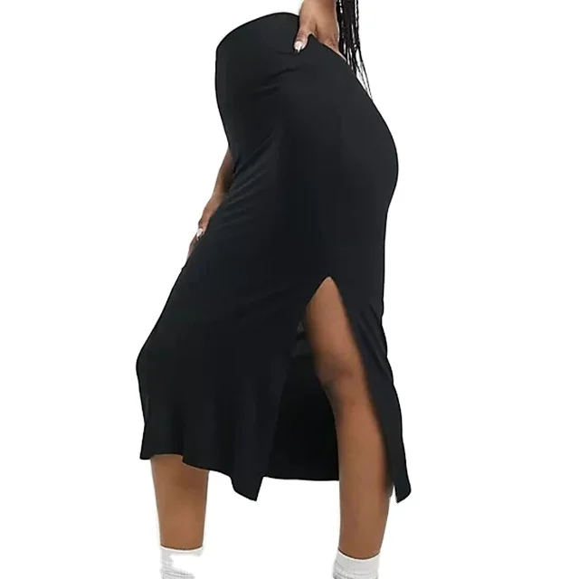 
Summer Bodycon Midi Slip Skirt With Split In Black For Women 