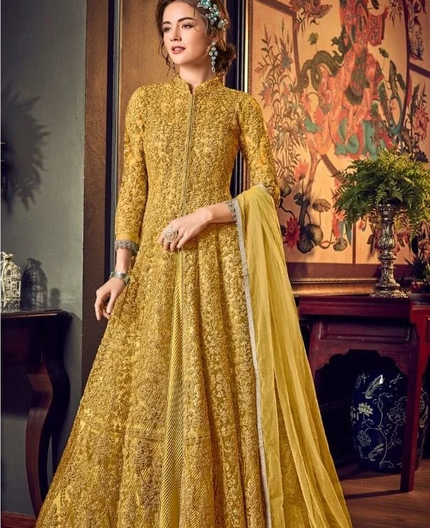 heavy latest design of embroidery party wear style long gown evening dress pakistani style anarkali suit for ladies with dupatta
