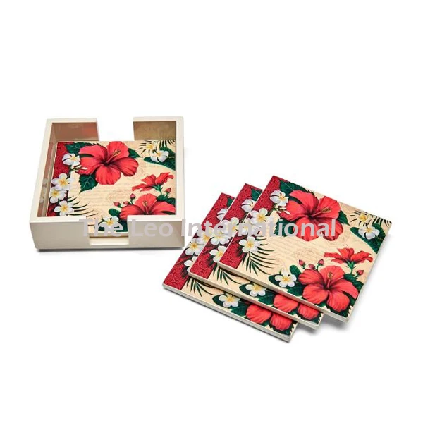 Decorative Coasters and Wood Material Printed Set of 4 for Tea Cups Coffee Mugs Water Glasses Cans 5x5x0.5 Inch