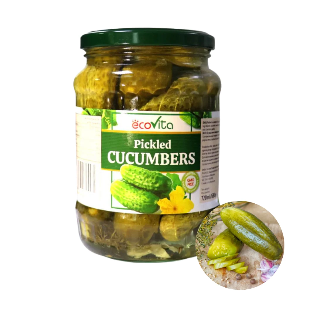 Оптовая цена, высокое качество, супер вкусные эковиты, корнишоны, Детские маринованные огурцы, 720 мл, банка с Каменкой