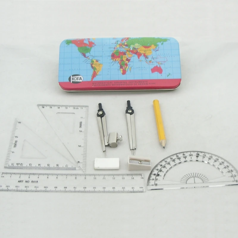 WM 9pcs World Map Tin Box Mathematical Set