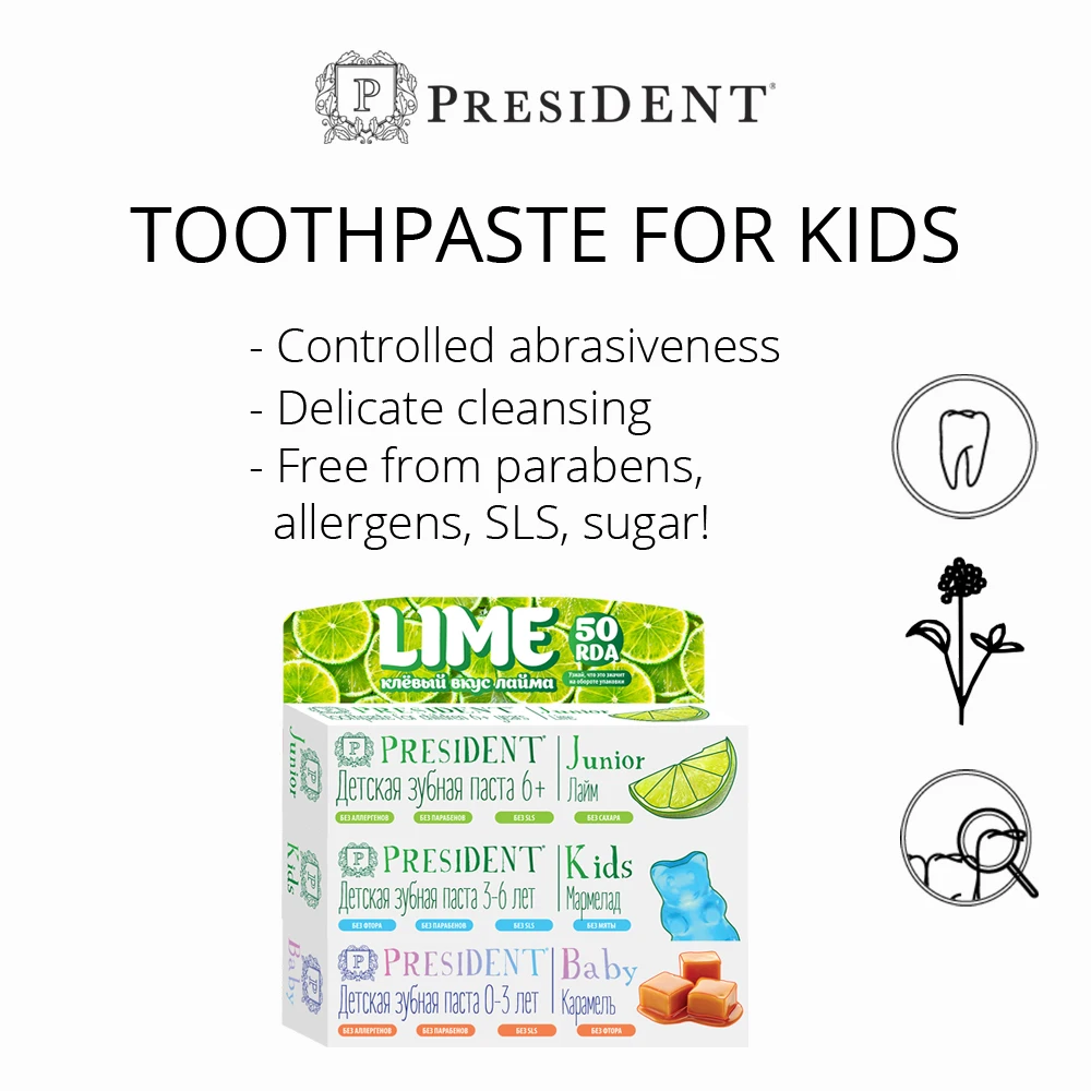 Toothpaste PRESIDENT Baby 0-3 Caramel (25 RDA) w/o fluoride 30 ml healthcare products distributor required