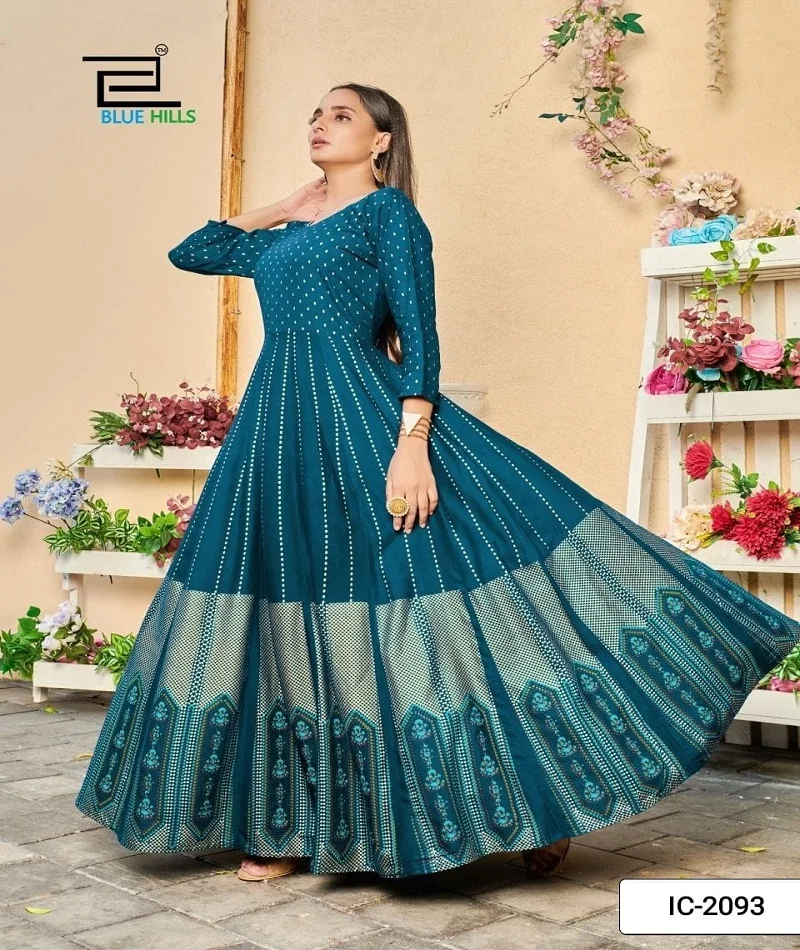 Heavy Designer Gown with 4mtr Flair and Kali design rayon printed work long kurti indian wear ladies fancy ethnic for casual