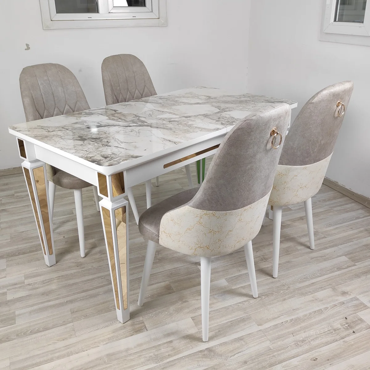 
Классический обеденный стол с золотым зеркалом, белый стол 