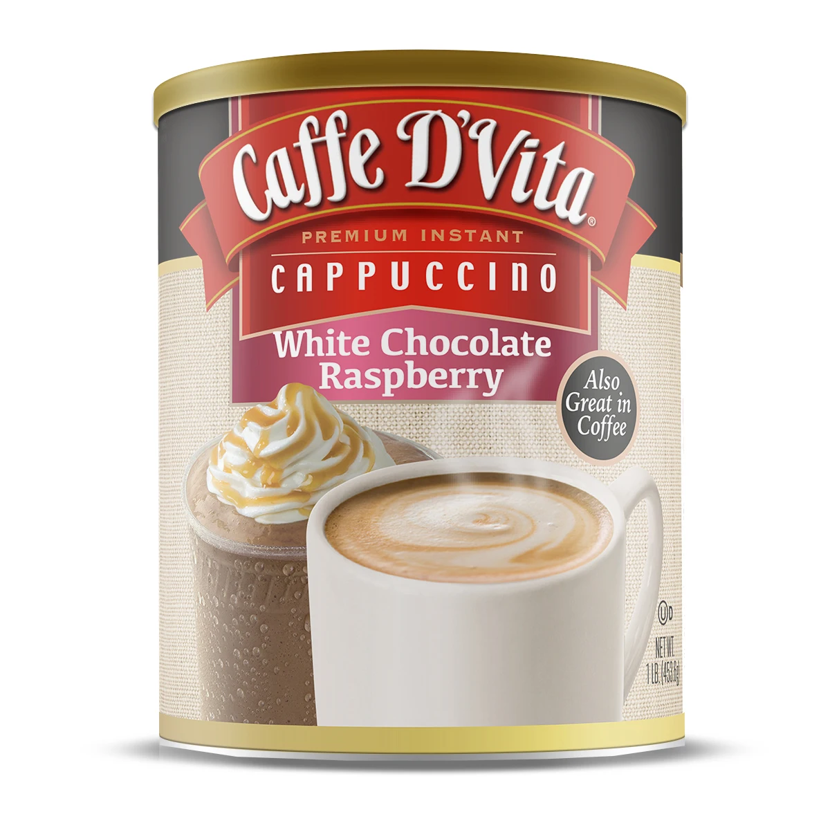 
Private Label White Chocolate Raspberry Cappuccino 3 in 1 Powdered Drink Mix Coffee Non-Dairy Creamer 16 oz Canister USA ORIGIN 