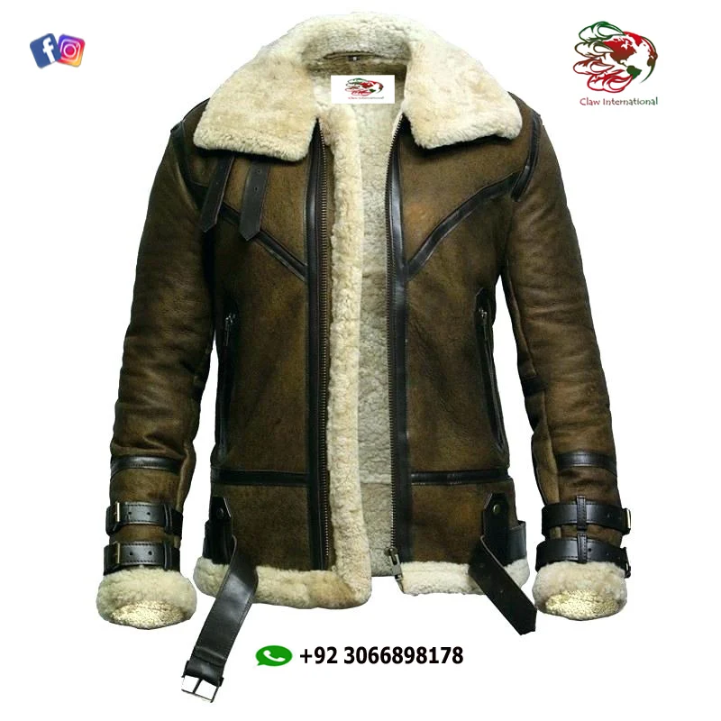 B-3 Mens Aviator Jacket  shearling sheep skin Leather  Bomber Aviator Jacket With Fur Collar