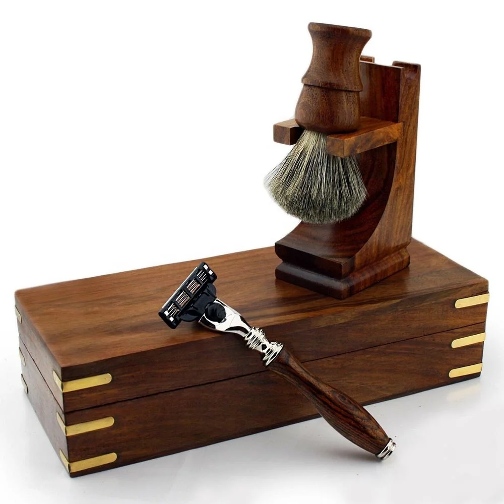 Роскошный бритвенный набор из розового дерева, супер кисть барсука, бритва с тремя краями, подставка и коробка
