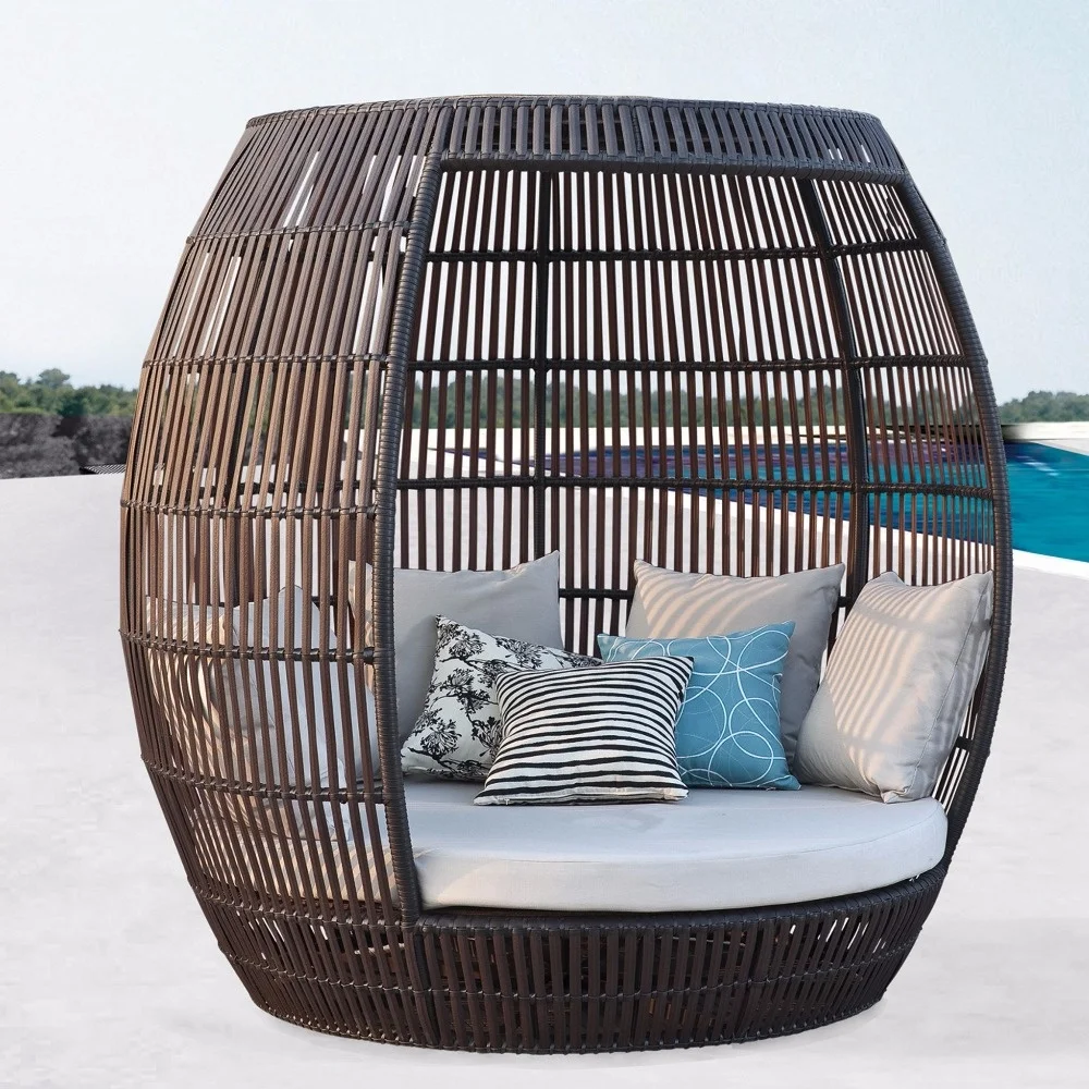 Resin synthetic wicker rattan outdoor round daybed - Poly rattan round sun lounger waterproof cushion swimming pool club