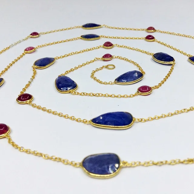 Sterling Silver 925 Fashionable and Precious Ruby & Tanzanite Gemstones 90 cms. Long Chain Trendy and Adjustable Charm Necklace