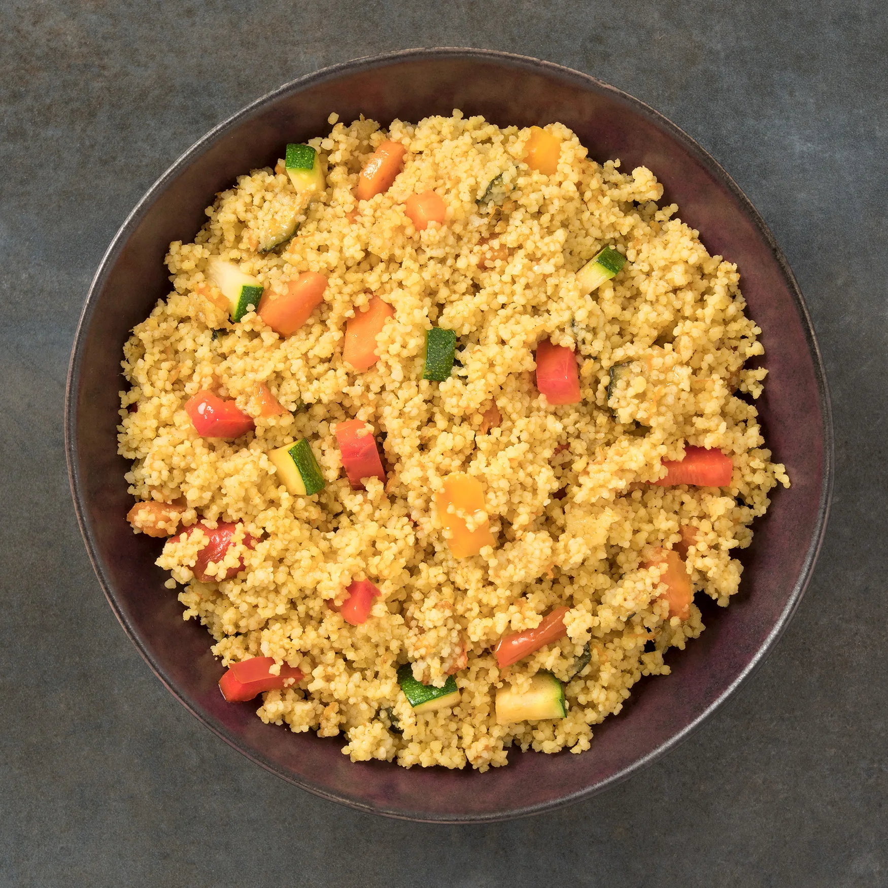 Vegetable Chop Suey/ Red Chicken Curry with sauvage rice/Vegetable Cous Cous made with soya sauce, ready to eat, chilled.