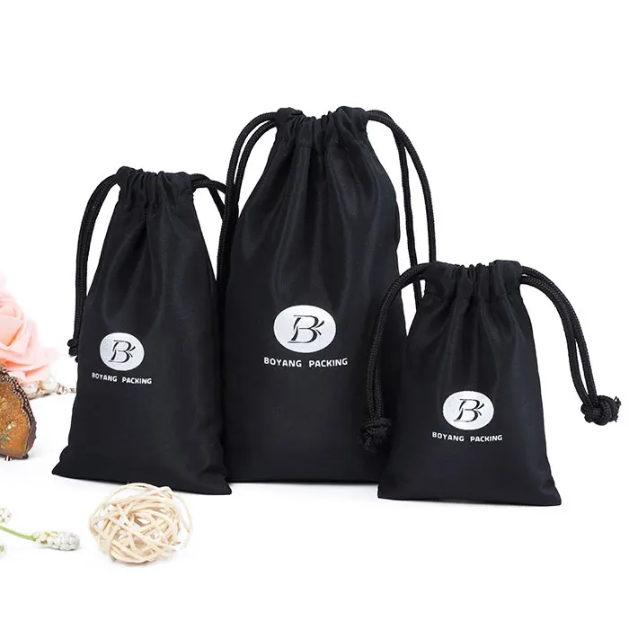 Fashion design mini black drawstring bags organic soft cotton pouches with custom logo