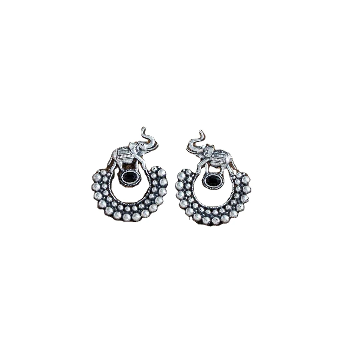 Latest Exclusive Designer Fashion Jewellery Light Weight Glass Stone Oxidised Earring With Elephant Charms Silver Plated