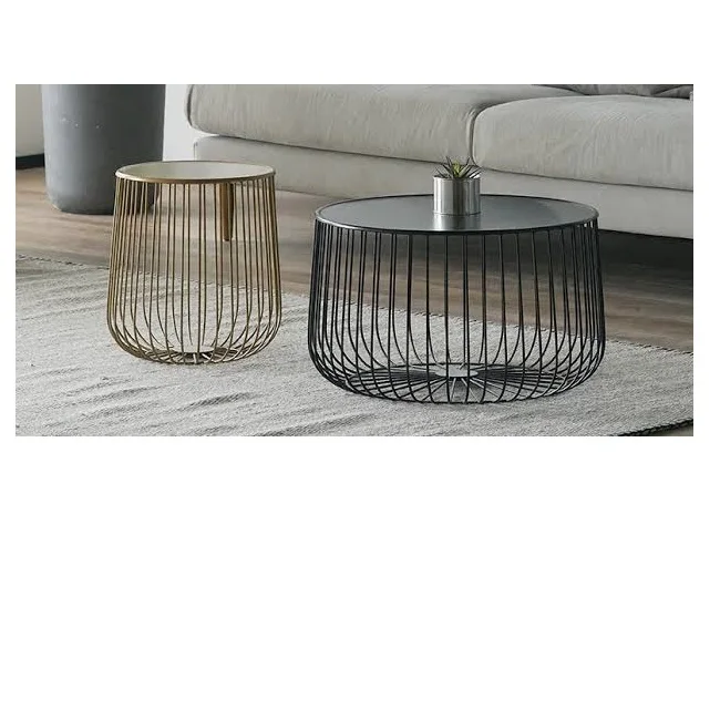 Modern Metal Wire Table Set of 2 for Living Room Balcony Office Round Top Accent Side Coffee Tables Furniture