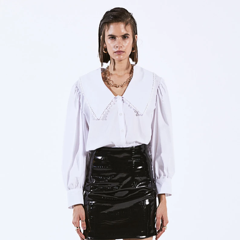 Blouse Retro Korean Style peter pan Collar Shirt White And Blue For Women Long Sleeve Ruffled Fringed Trims Casual Blouse