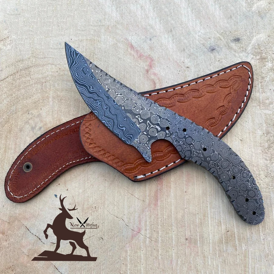 Damascus hunting knife handmade blank blade with leather sheath tactical camping saw blade full tang