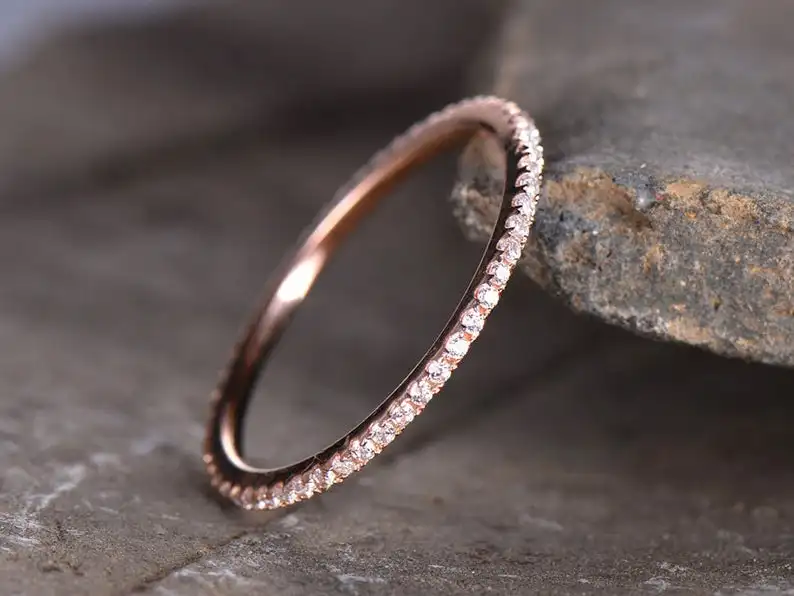 Cubic Zirconia wedding band Full eternity Engagement ring 925 Sterling silver Thin Matching Rose gold Plated CZ Ring