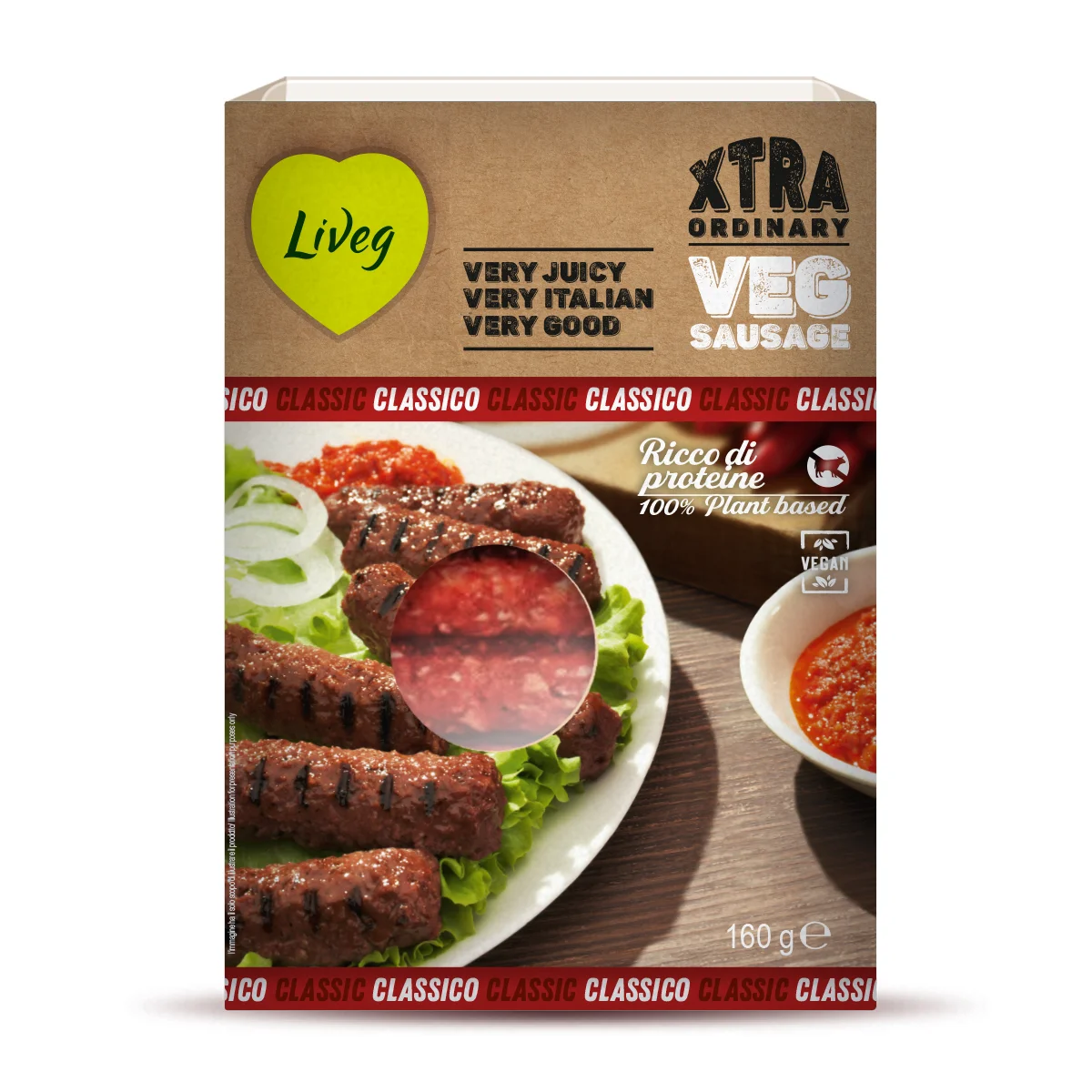 
VEGAN XTRASAUSAGE CLASSIC, LIVEG-BIOLAB, MADE IN ITALY WITH SOY PROTEIN 160 GRAMS 