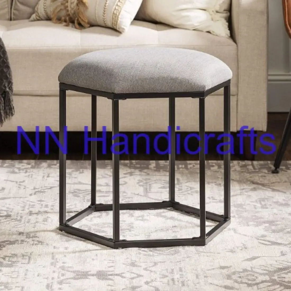 Southwestern Steel Iron Metal Brown Powder Coated Round With White Fabric Seat Bench Bar Ottoman Restaurant For Exterior Bedroom