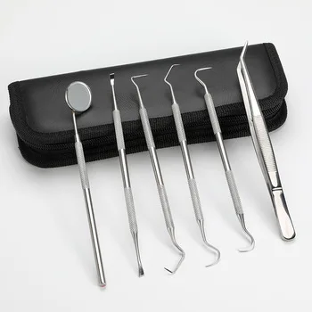 6 PCS Stainless Steel Dental Hygiene Kit Dental Mirror/ College Tweezer / Explorer/ Probe / Scalar