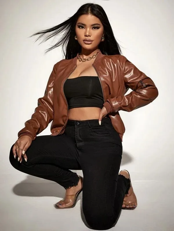 High Quality Zipper Customized Solid Brown Full Sleeved Drop Shoulder 100 % Leather Jacket For Woman