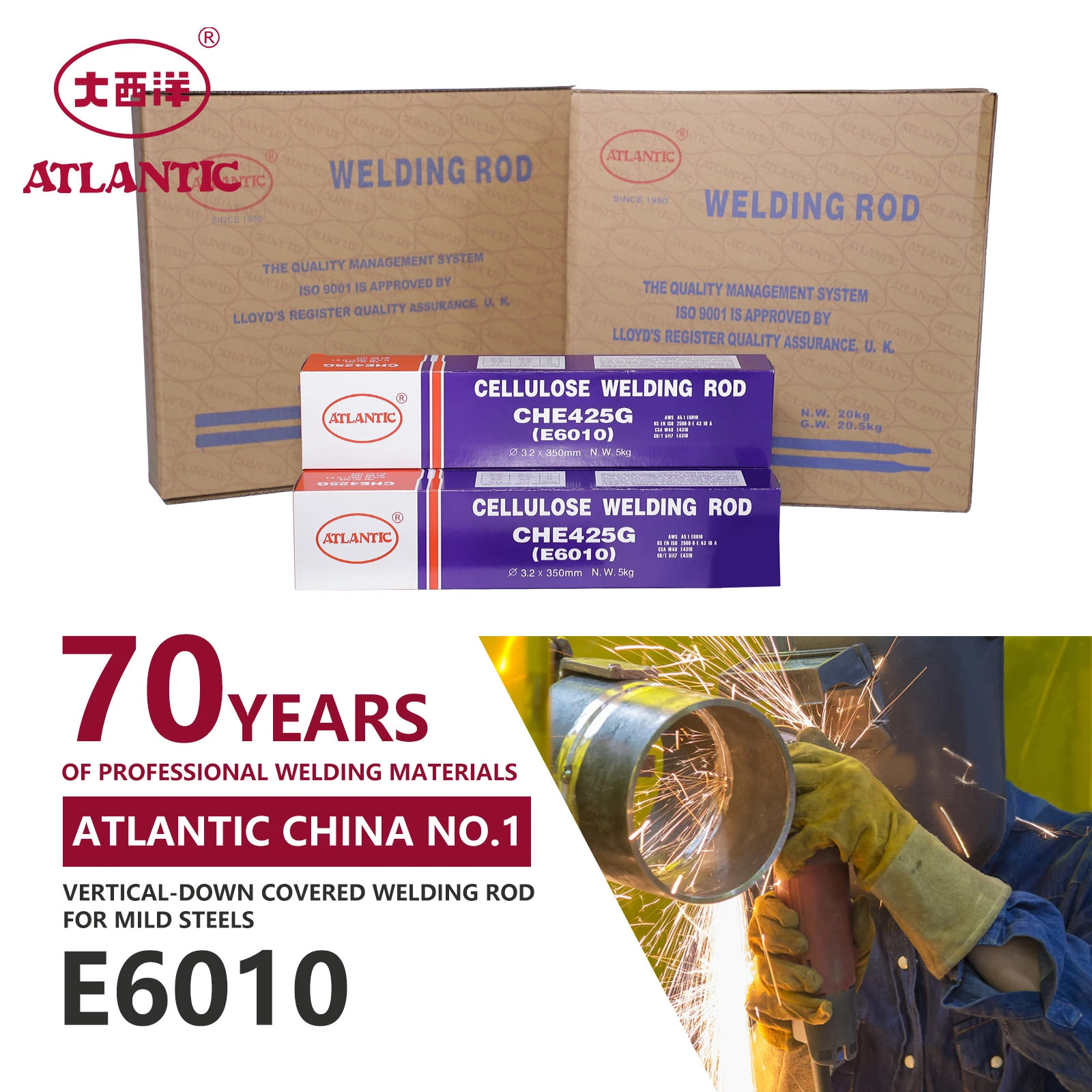 ATLANTIC 75 Years AWS A5.1CHE425GX E6010 Kinds Of Vertical-down Covered Mild Steels Welding Rods