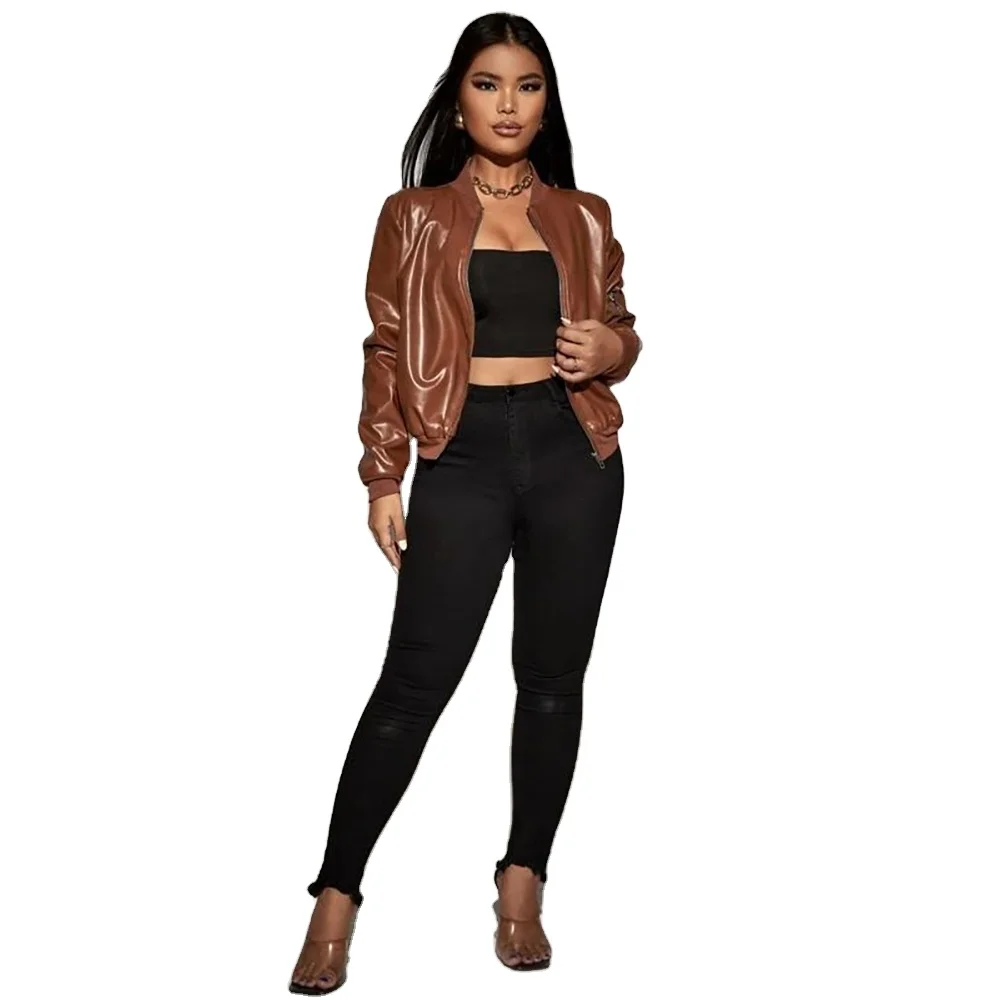 High Quality Zipper Customized Solid Brown Full Sleeved Drop Shoulder 100 % Leather Jacket For Woman