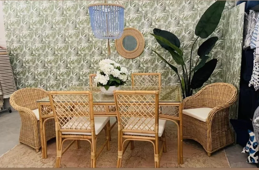 Natural Color Hand Woven Fabric PU Upholstery Mid Century Rattan Antique Kitchen KINGSTON Armchair (ALICANTE)
