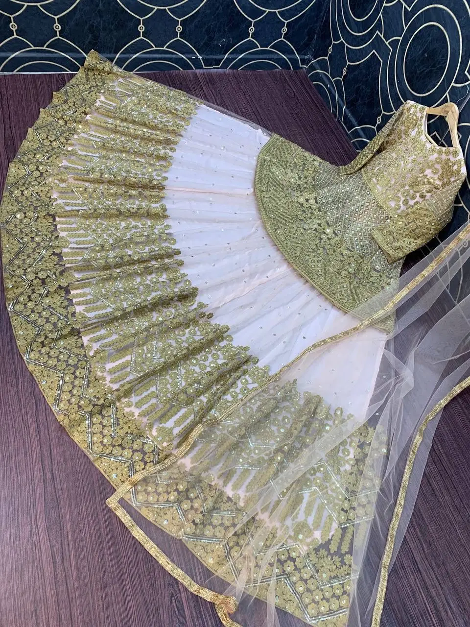 Indian bridal wear embroidery work heavy soft net chine sequence work lehenga with heavy net border dupatta and full choli