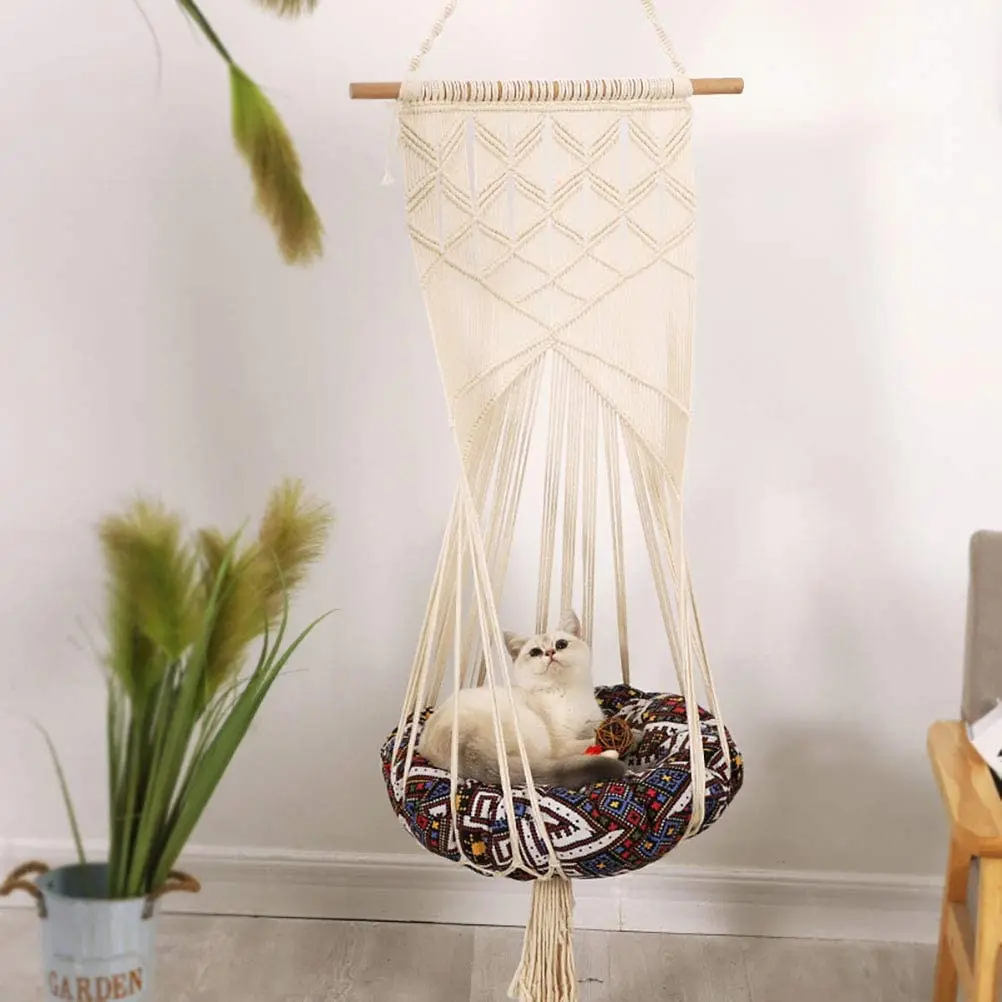 Macrame Hanging Swing Cat Bed with Hanging Kit for Indoor Cats