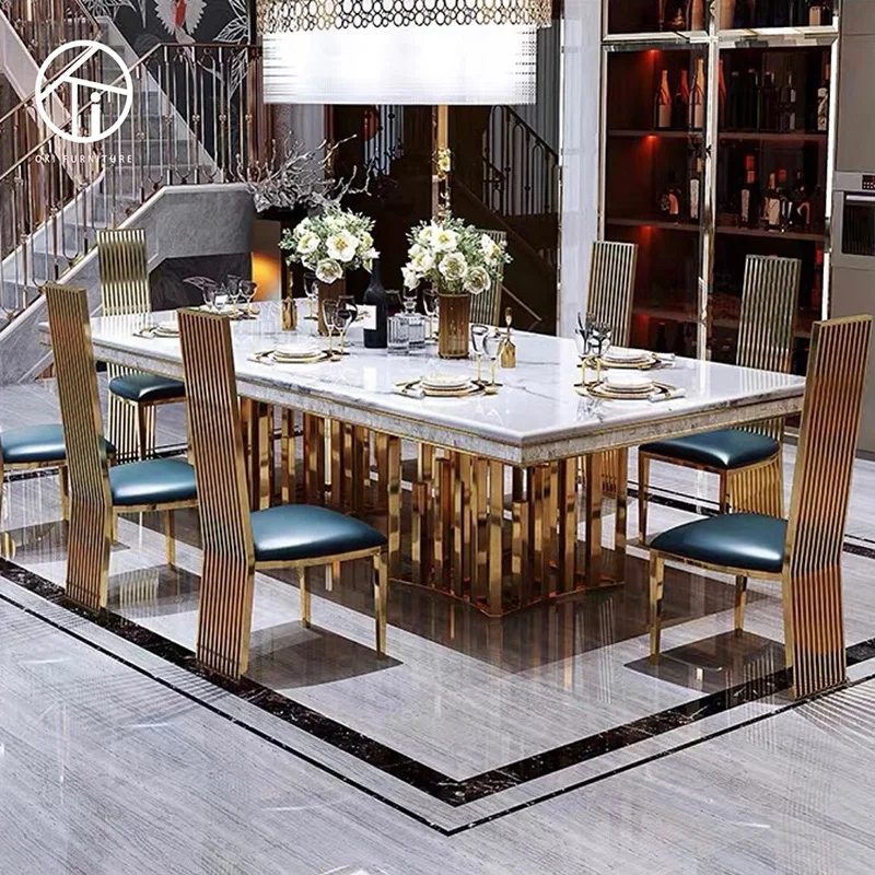 home furniture rectangular marble and gold double base luxury exclusive villa famous design 8 seater  Italian dining table