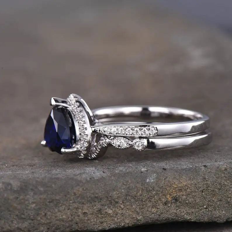 Blue Sapphire Heart Shaped Engagement Ring Gemstone Bridal Set 925 Sterling Silver September Birthstone Wedding Band