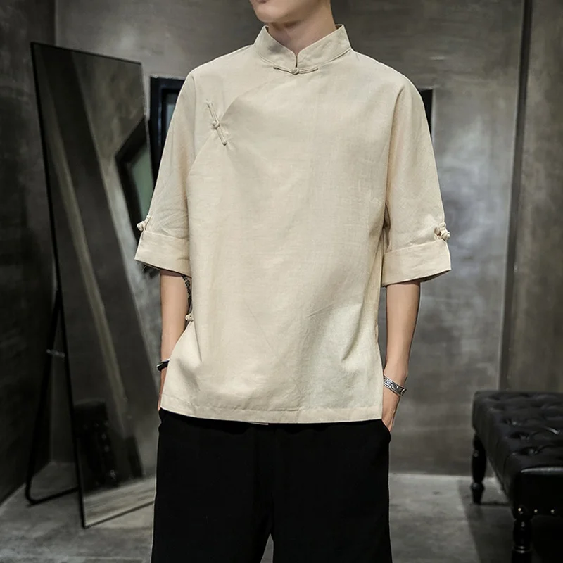 New arrivals men fashion short sleeve shirt man chinese style stand collar linen cotton shirt custom logo