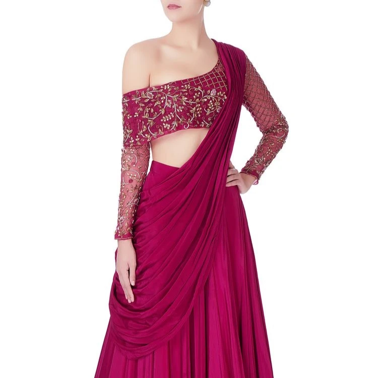ONE OFF SHOULDER SLEEVES HEAVY Embroidered work LEHENGA CHOLI/CROP TOP SKIRT DUPATTA PATTERN BOLLYWOOD fashion Blouse bridesmaid