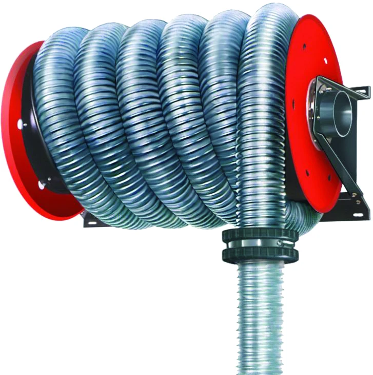 Manual spring rewind hose reels for extraction of exhaust gases from vehicles Made in Italy