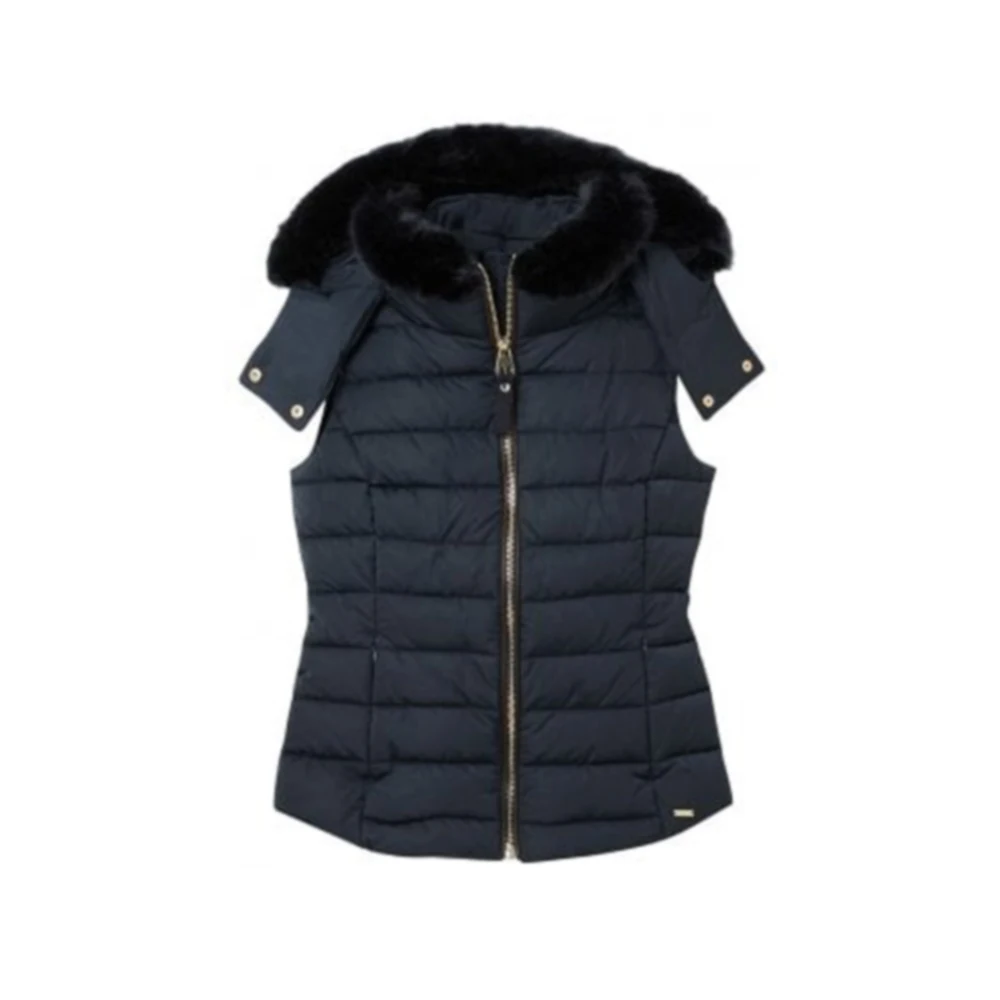 Custom outerwear zipper down cotton sleeveless jacket women short hooded rash down vest with fur hood waistcoat ladies gilet