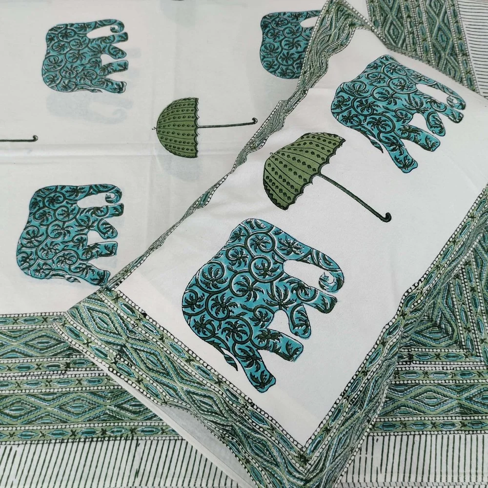 Elephant Umbrella Print Indian Hand Block Print Queen Size Cotton Bed Sheet / Bed Spread with Pillow Covers