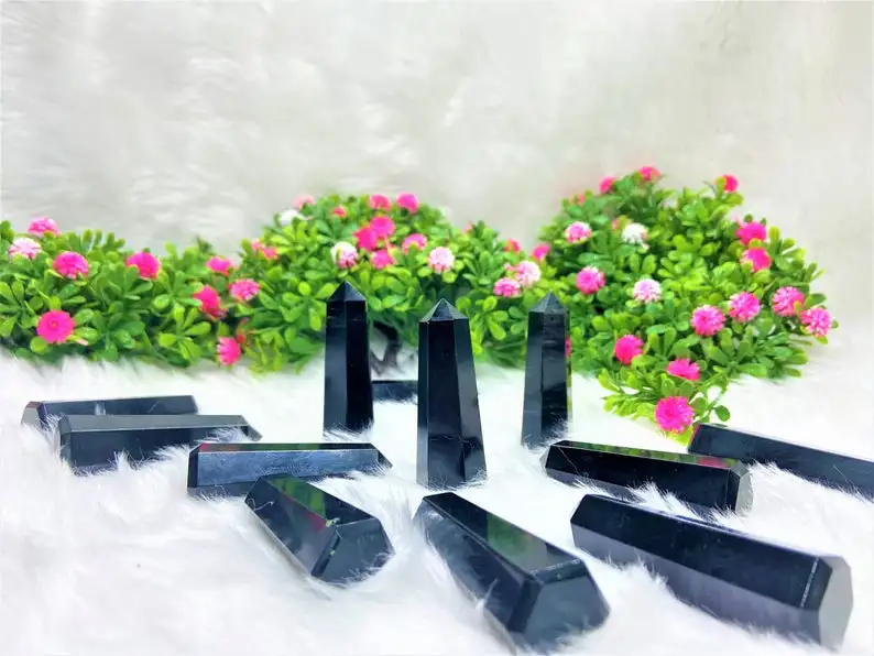 Natural Black Obsidian Point, Obsidian Tower, Black Obsidian Wand Black Obsidian Point 6 Faceted Crystal Stone Point