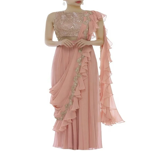 
Saree in Online Shopping 2021 Latest Pink Georgette Sequins Embroidered Drape Ball Gown Bridal Gown Beautiful Wedding Gowns Mesh 