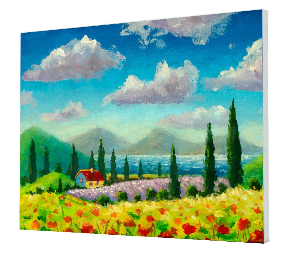 
Sunny painting Beautiful summer landscape with field red flowers poppies, small house and cypresses in Tuscany, Italy 