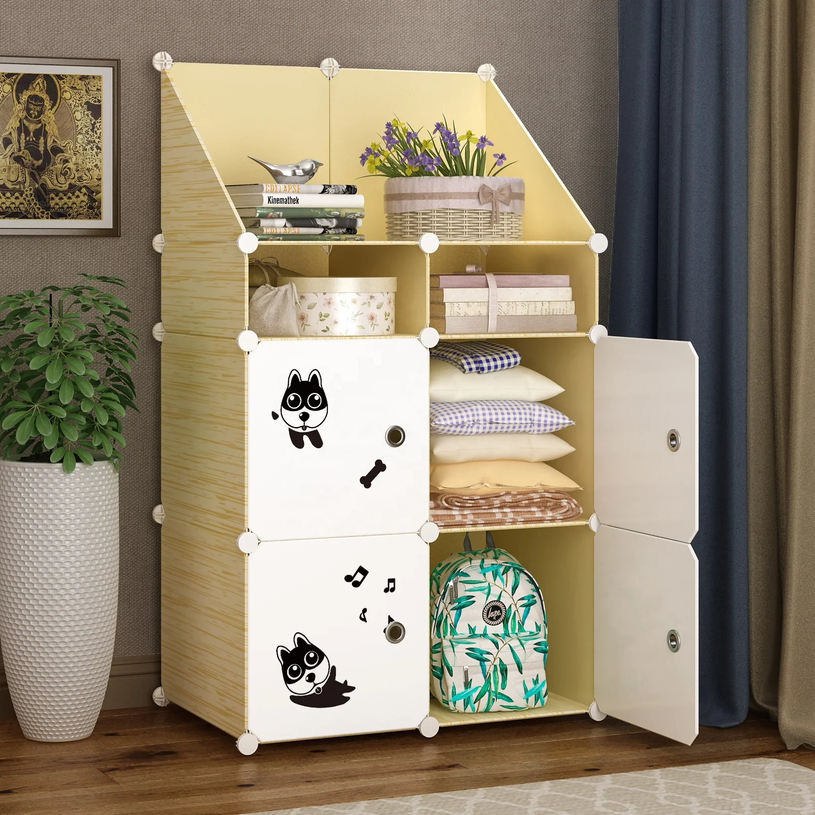 Hot Selling Cartoon Plastic Baby Clothes Closet Kids Storage Cabinet Shelf Bedroom Furniture Portable Wardrobe