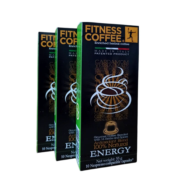Fitness Coffee, healthy thermogenic fat-burner product, capsules compatible Nespresso, boxes of 10. Packaging in Arabic