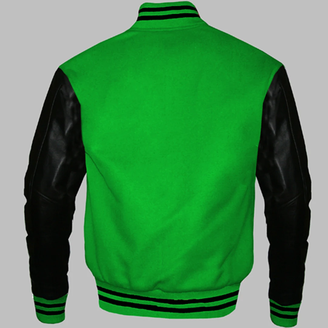 Huzaifa Products Custom Top Grain Black Varsity Jacket for Men Winter Season with Wool New Kelly Green Genuine Leather Sleeves