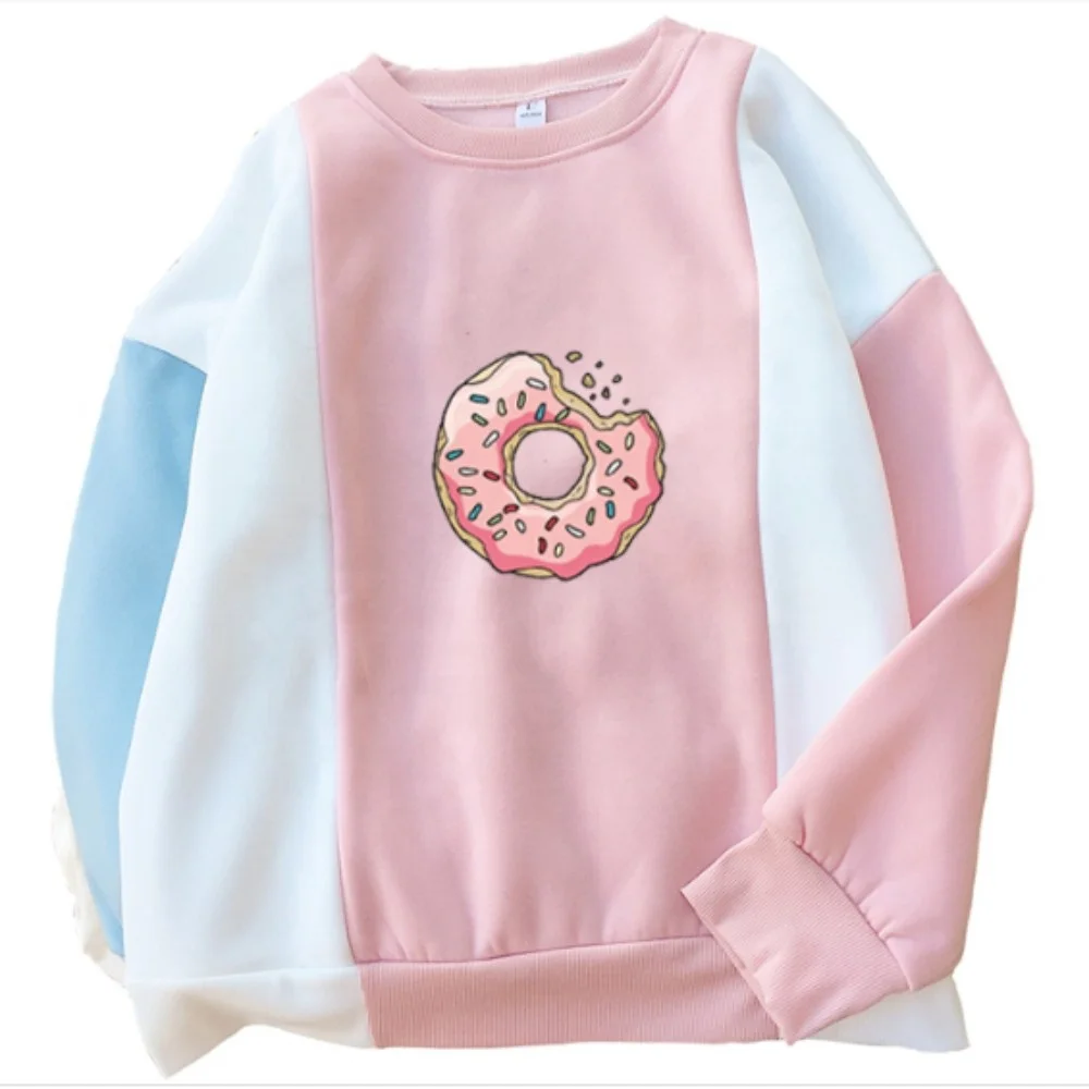 Women Sweatshirt Harajuku Kawaii Donuts Printing Cute Hoodies Patchwork Pastel Contrast Color O-neck Winter Autumn Clothing Top