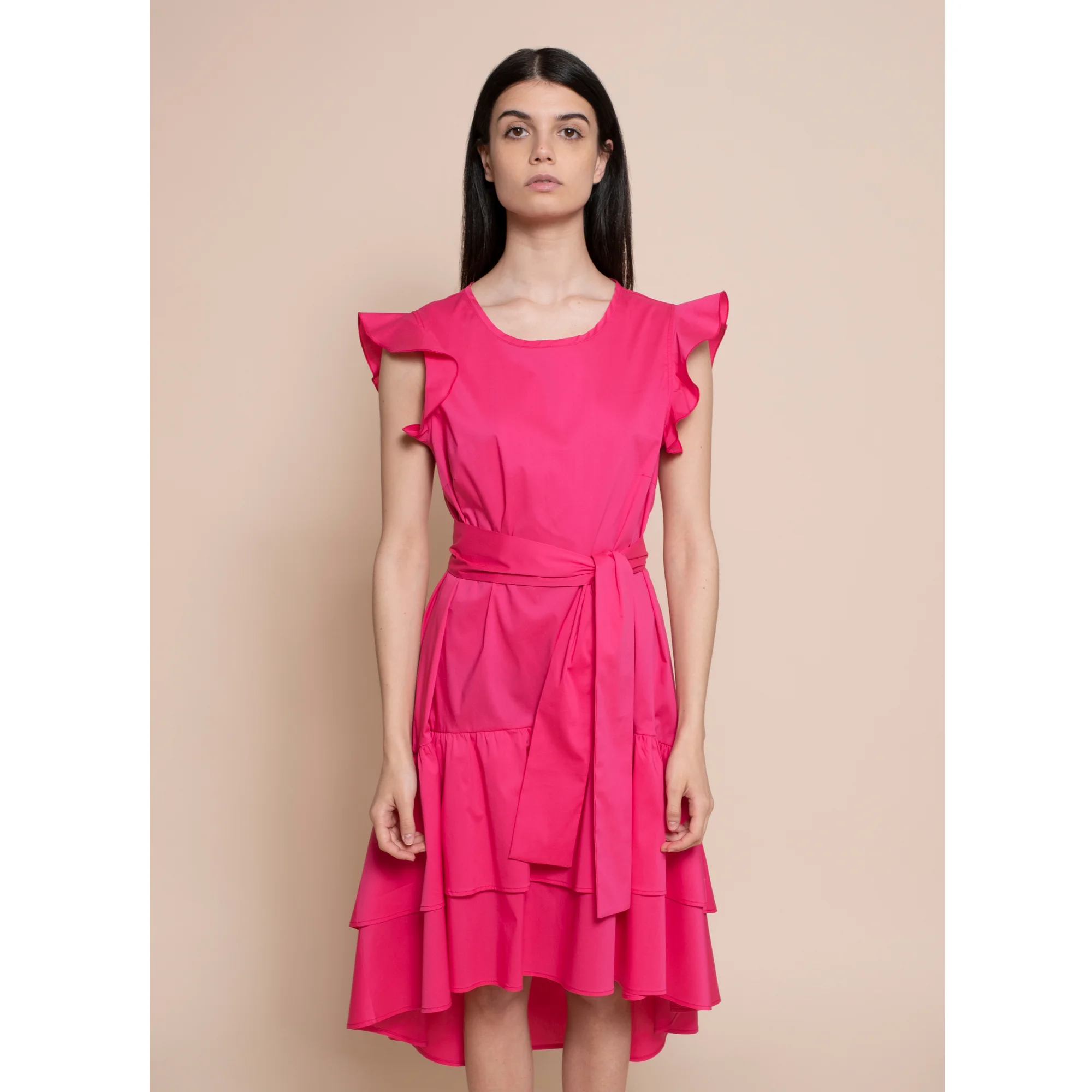 Best Italian quality 100% Goa midi dress 2 round neckline with double flounce on the bottom and belt for the day