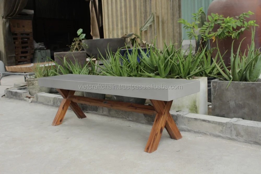 Wholesale Vietnam Furniture Concrete Bench with Wooden Legs Traditional Vintage Furniture for Outdoor and Indoor